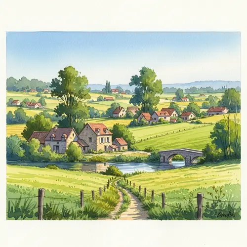 Serene Dordogne Countryside Watercolor Painting