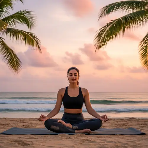 Soothing Middle-Eastern Woman Meditating on Secluded Sandy Beach