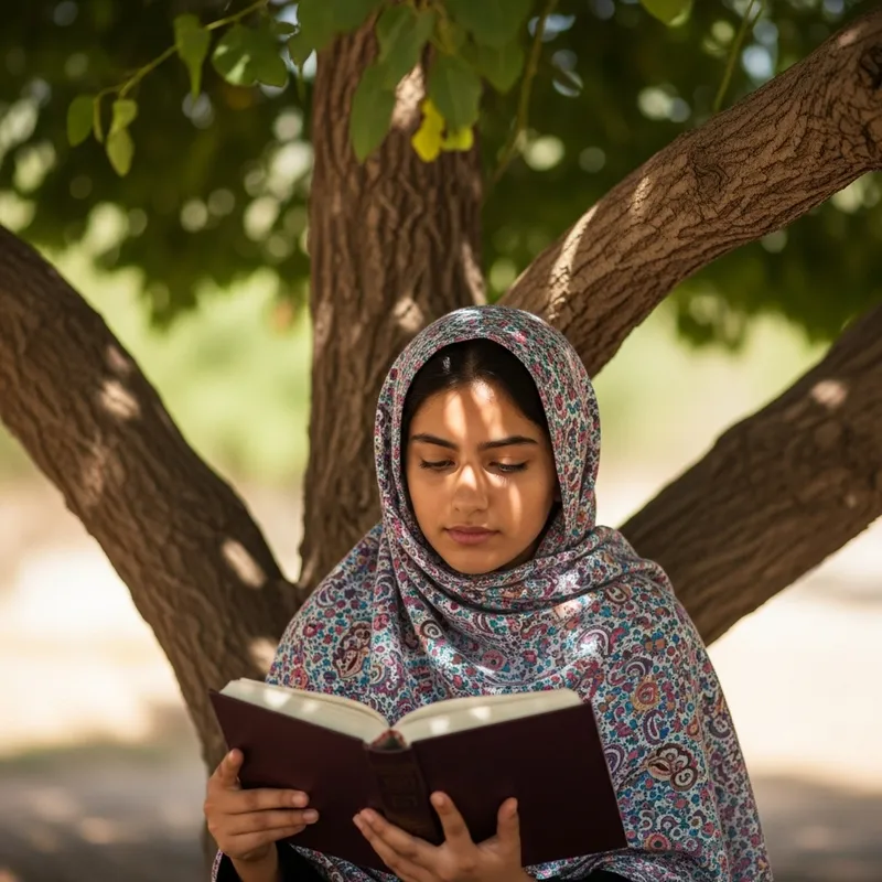 Veiled Girl Reading Outdoors