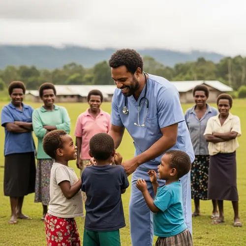 Melanesian Doctor in Papua New Guinea Engaging with Village Children