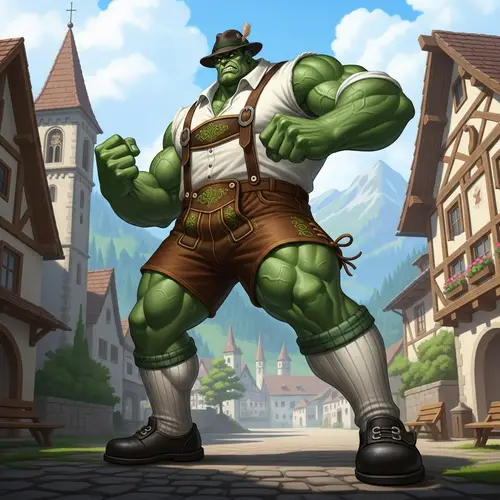 Muscular Green Man in Traditional German Lederhosen