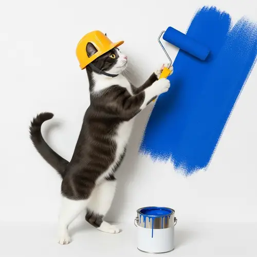 Creative Cat Painting with Blue Roller on Wall