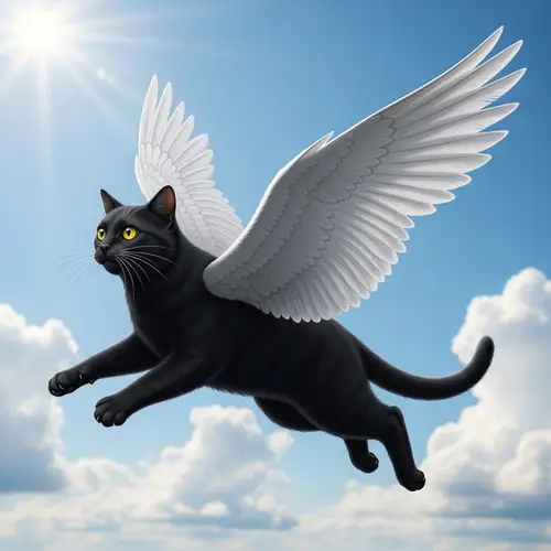 Beautiful Black Winged Cat Soaring in Azure Sky