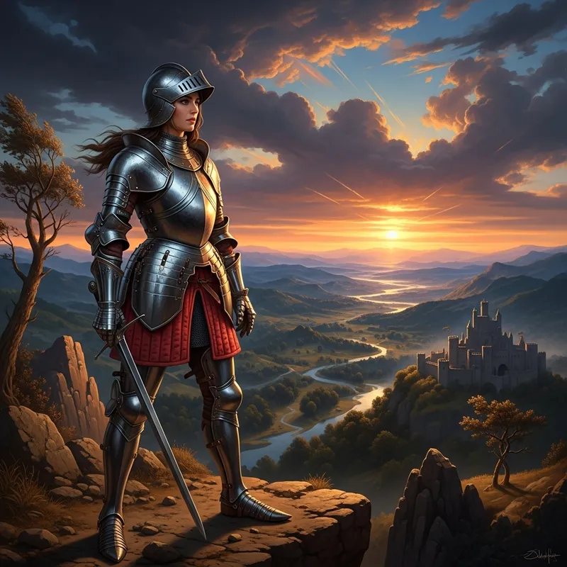 Valiant Female Knight in Gleaming Armor Stands at the Precipice