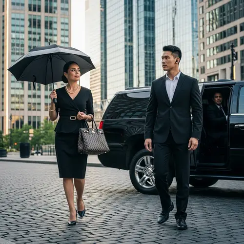 Elegant Wealthy Hispanic Woman Walking with Bodyguard in Urban Setting