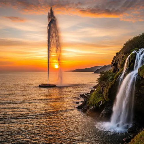 Tranquil Seascape with Powerful Fountain at Sunset