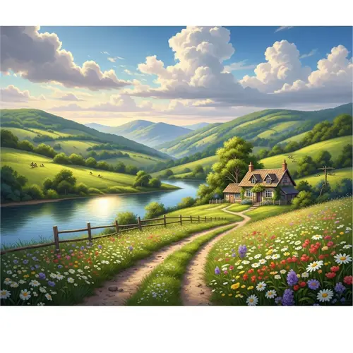 Serene Countryside Landscape with River and Cottage