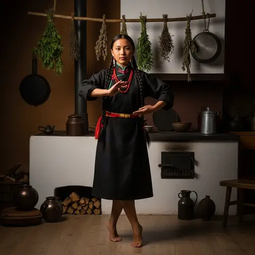Traditional Tibetan Girl Dancing in Vintage Kitchen