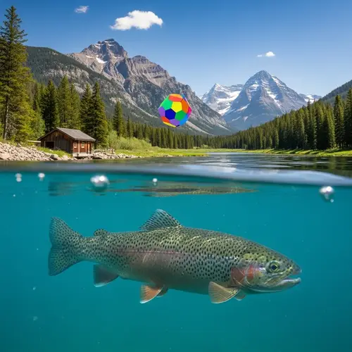 Realistic Trout Swimming Landscape with Colorful Geometric Object
