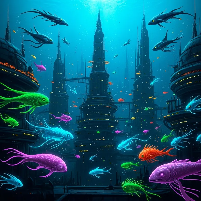 Mysterious Bioluminescent Underwater City with Vibrant Color Effects