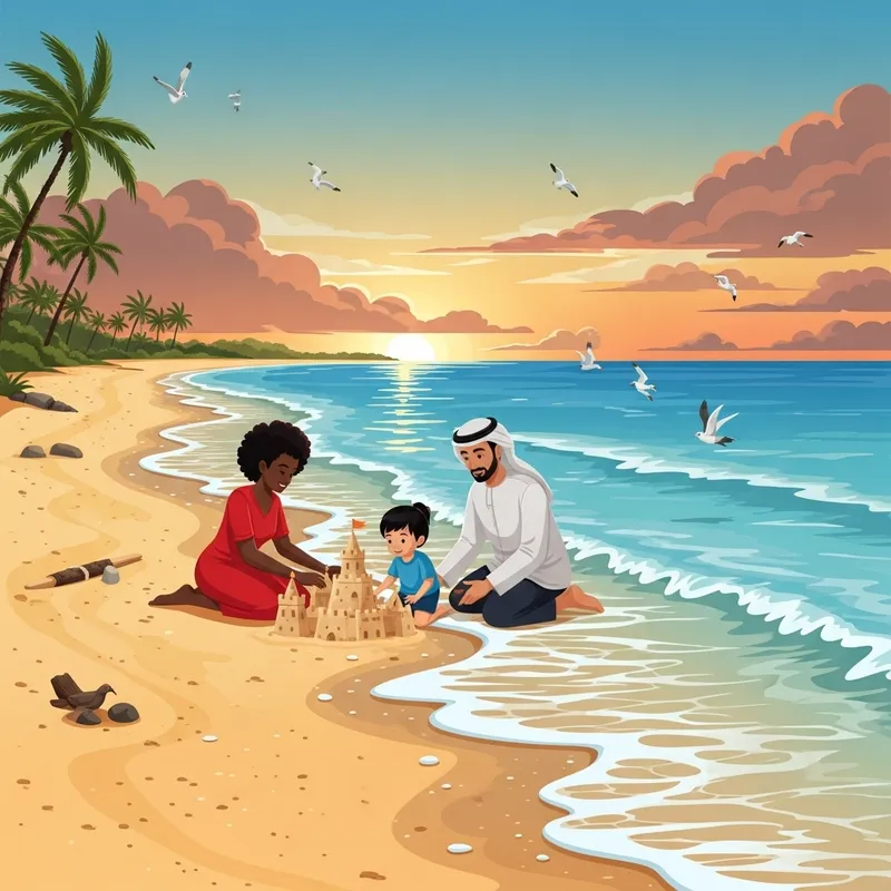 Tranquil Beach Scene with Diverse Family Building Sandcastle