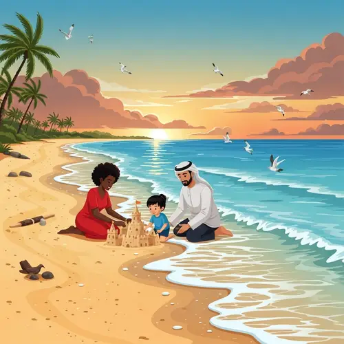 Tranquil Beach Scene with Diverse Family Building Sandcastle