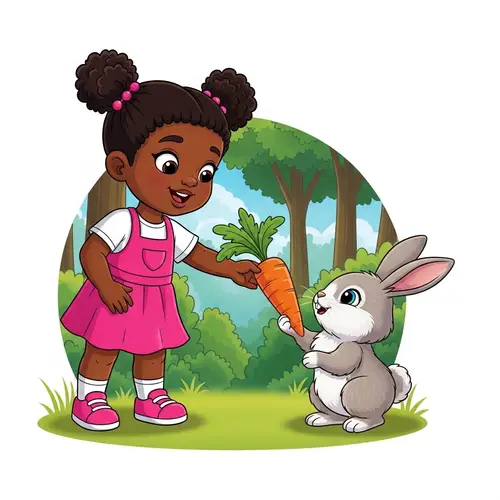 Happy Black Girl with Rabbit - Cartoon Adventure
