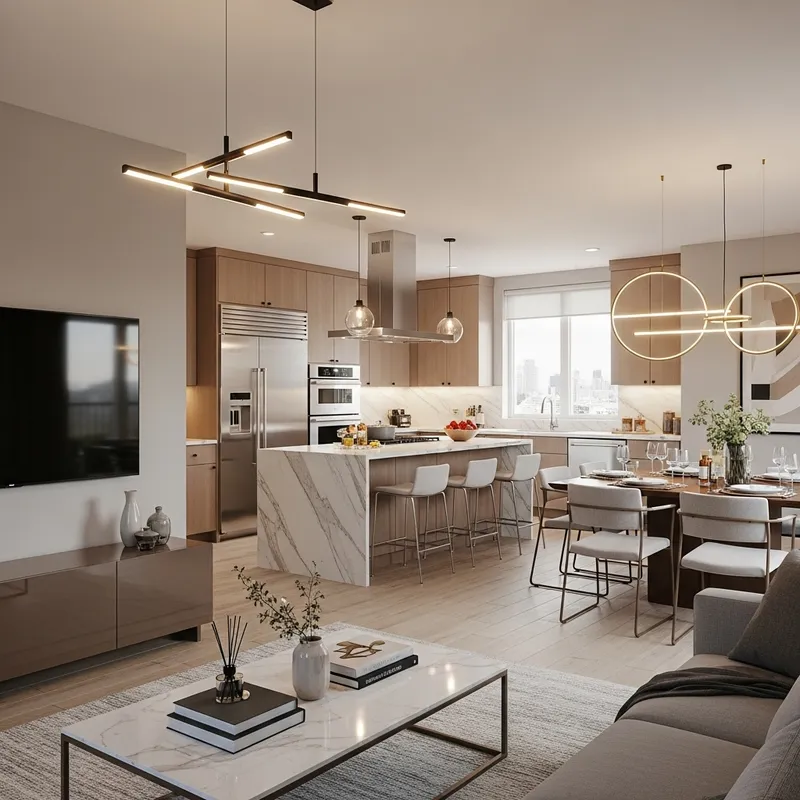 Spacious Apartment Living Room with Entertainment, Dining, and Stylish Kitchen