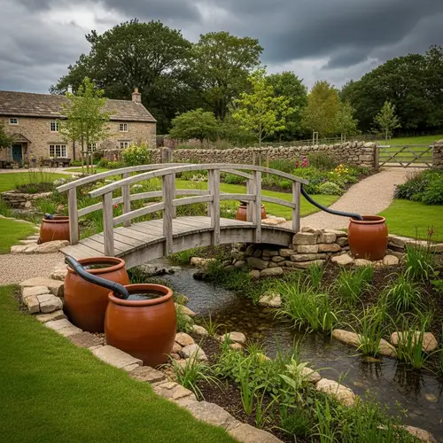 Idyllic Rural Landscape Design with Rustic Wooden Bridge and Drainage Systems