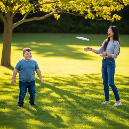 Chubby Boy and Slim Tall Girl Enjoying Outdoor Fun