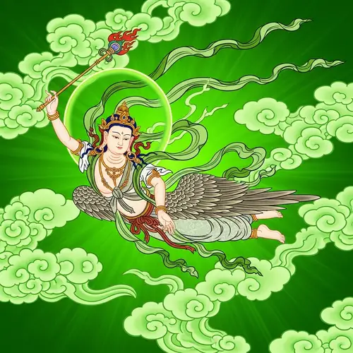 Dunhuang Style Heavenly Beings Art | Green Clouds & Ribbons