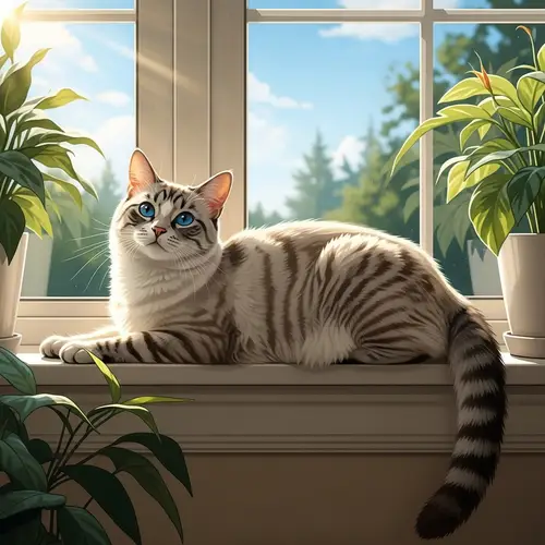 Fluffy White Cat with Bright Blue Eyes Resting on Window Sill