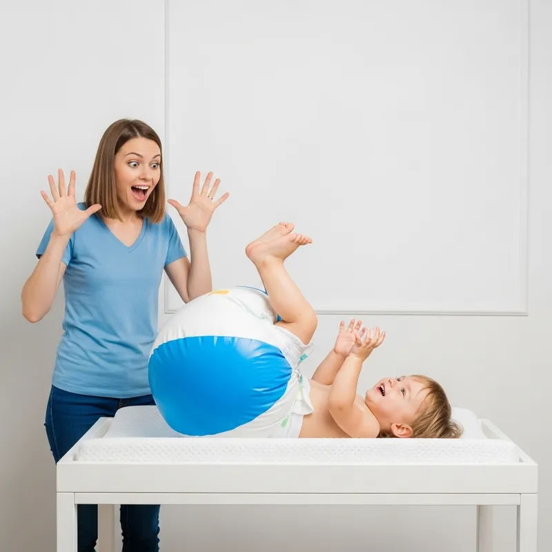 Joyful Toddler Kicking Feet in Comically Large Inflated Diaper