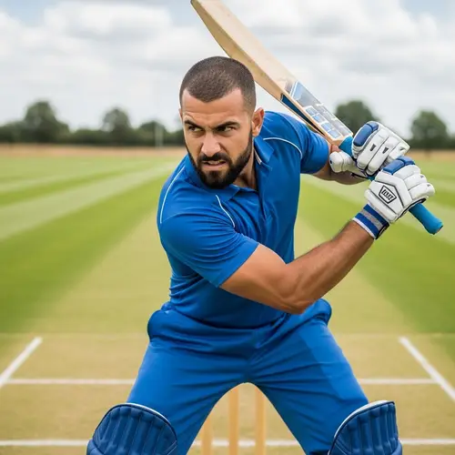 Muscular Cricket Player in Blue Uniform | Intense Cricket Action