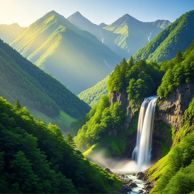 Serenity of Green Mountains with Waterfall View