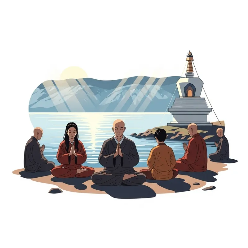 Tranquil Buddhists Meditating by Lake Baikal in Summer