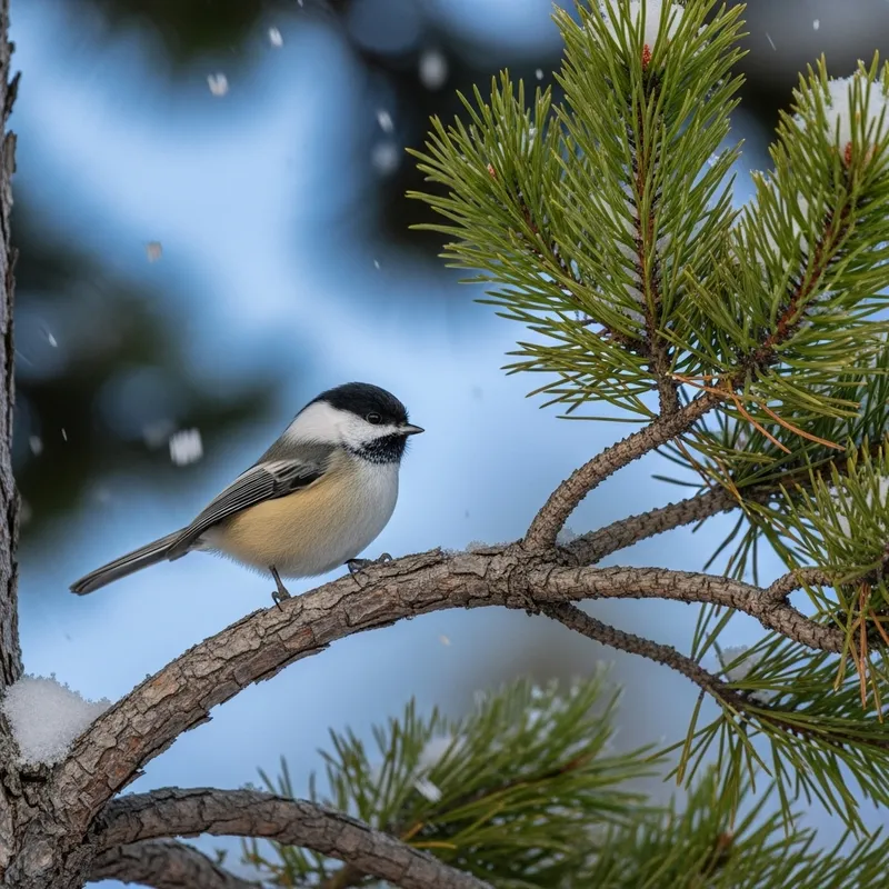 Chickadee on Pine Branch - Serene Winter Nature Scene