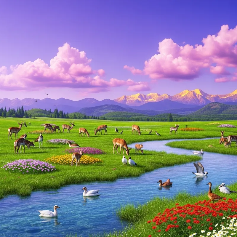Surreal Landscape with Lavender Sky and Crystal Clear River | Wildlife Haven