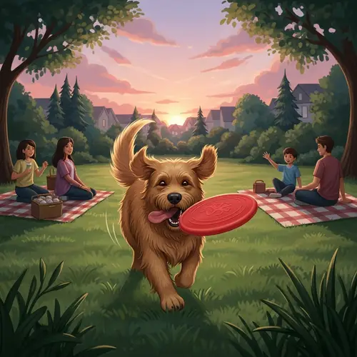 Playful Golden Retriever Chasing Frisbee at Golden Hour