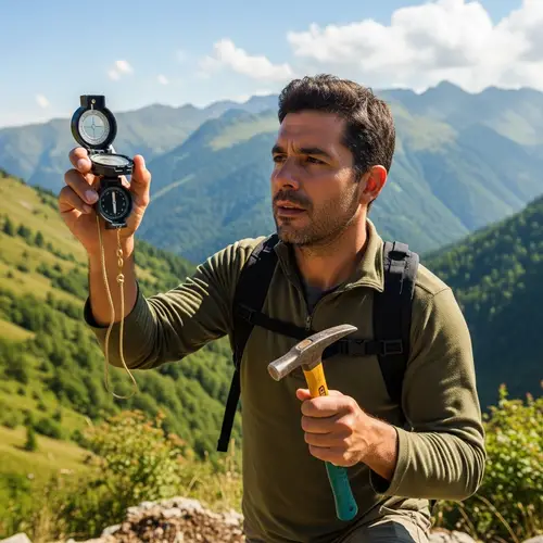Hispanic Geologist Working in the Mountains with Compass and Hammer