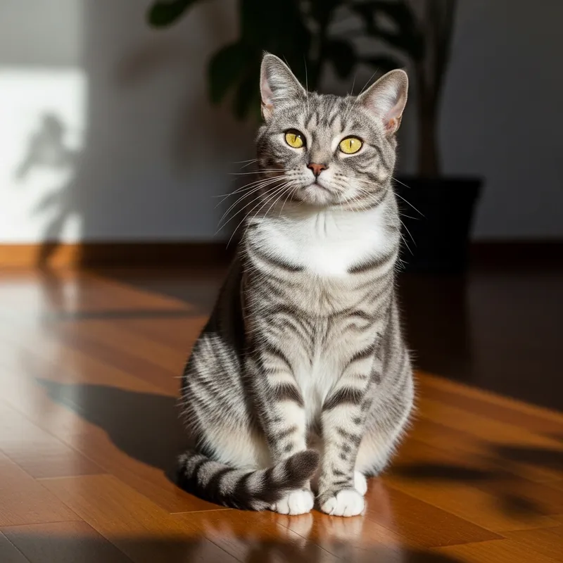 Cute Grey and White Striped Cat on Wooden Floor Cute Grey and White Striped Cat on Wooden Floor
