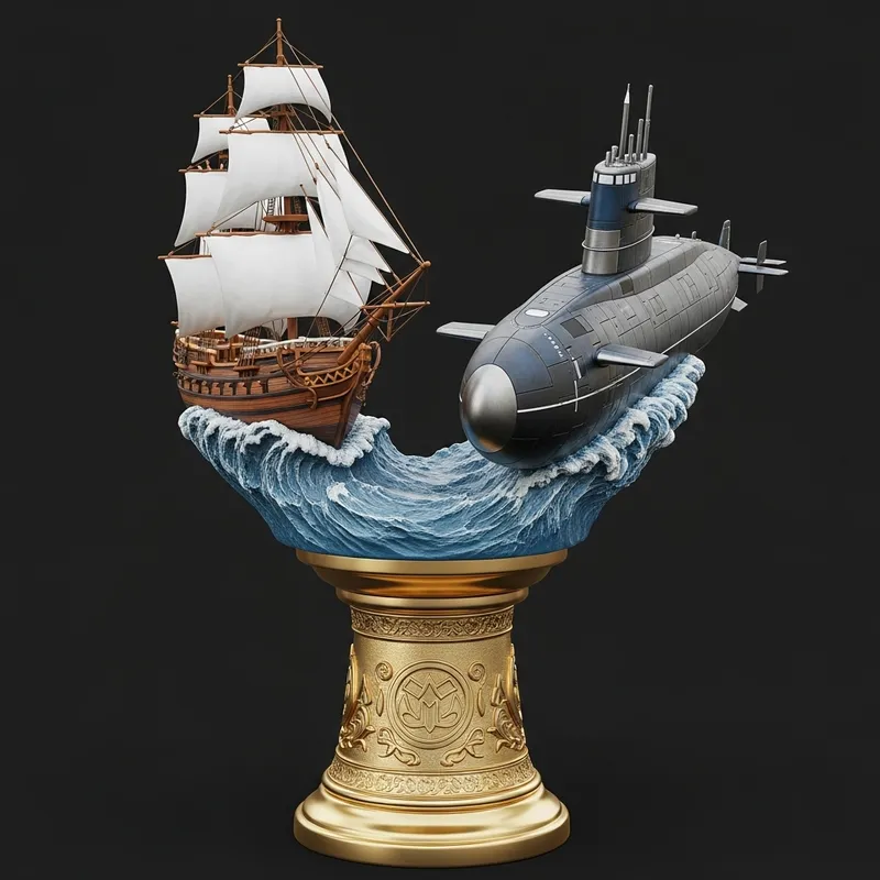 Ship and Submarine Trophy - Nautical Battlefield Sculpture
