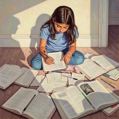 Studious Hispanic Girl Surrounded by Books & Dreams