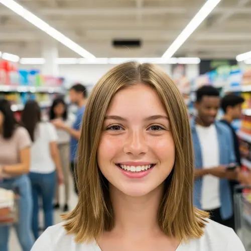 Beautiful Teenage Girl with Blonde Hair in Supermarket