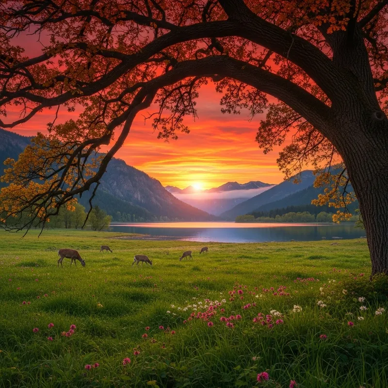 Red and Orange Sunset Landscape: Meadow, Oak Tree, Lake, Mountains
