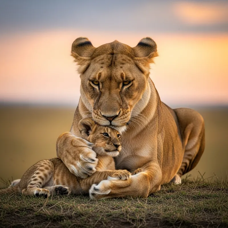 Tender Lioness and Cub Embracing - Family Love Scene