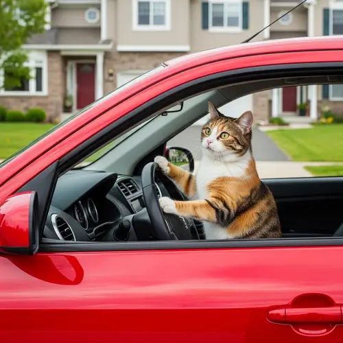 Adorable Cat Driving a Vibrant Red Car | Exciting Adventure Scene