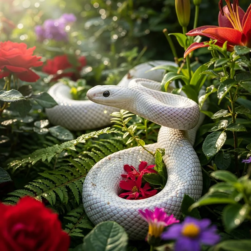 Elegant White Snake in a Lush Garden Setting