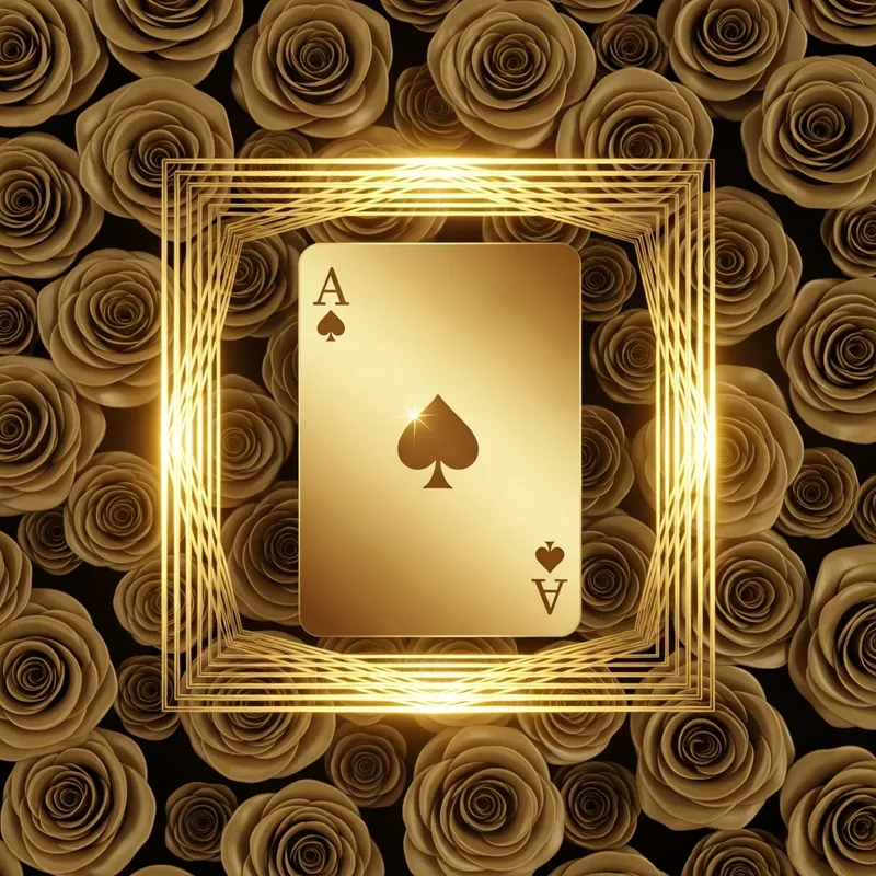 Exquisite Golden Ace Poker Card in Glowing Square Frames with Rose Backdrop