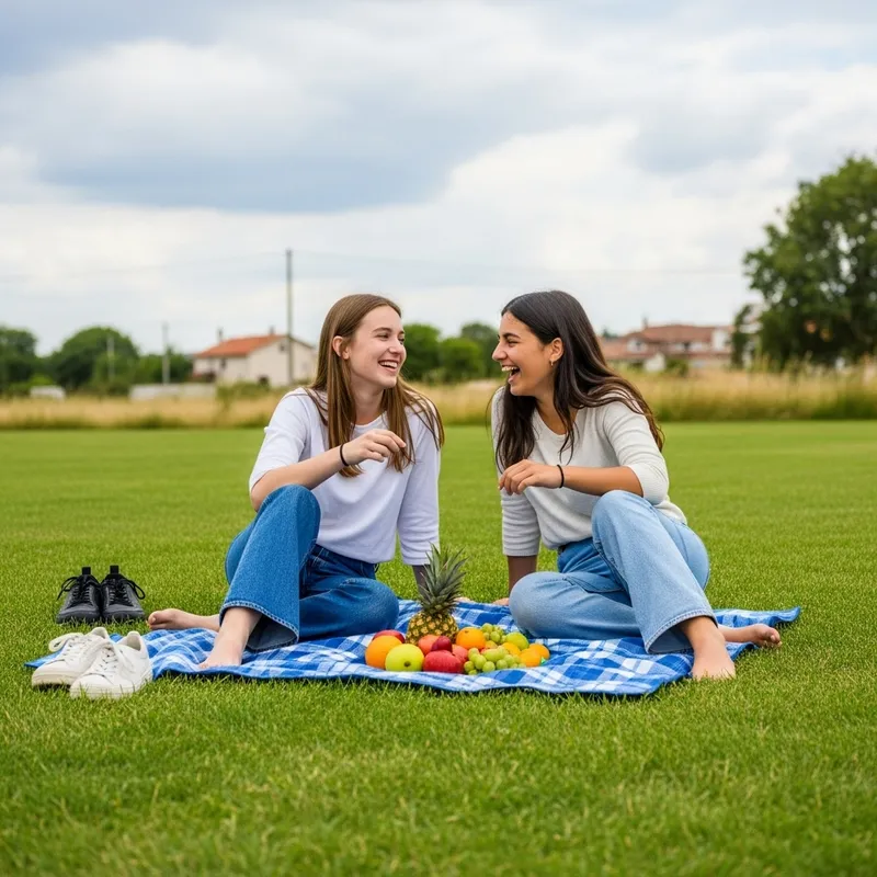 Spanish Teenage Girls Laughing and Picnicking on Green Grass Spanish Teenage Girls Laughing and Picnicking on Green Grass