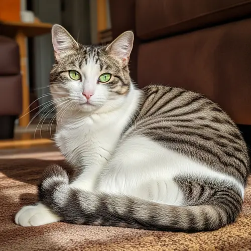 Fluffy Domestic Cat with Bright Green Eyes - White and Grey Stripes