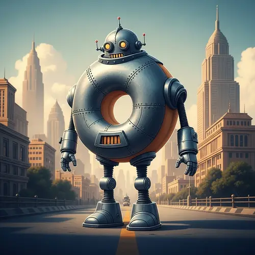Steel Giant Robot Character with Doughnut Body