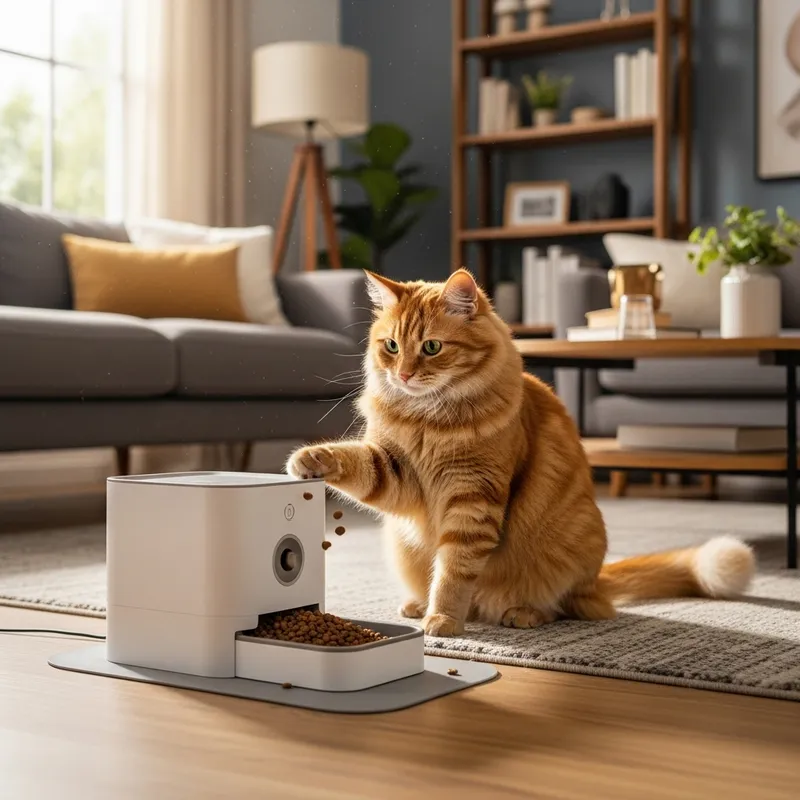 Cat with Pet Feeder in Living Room