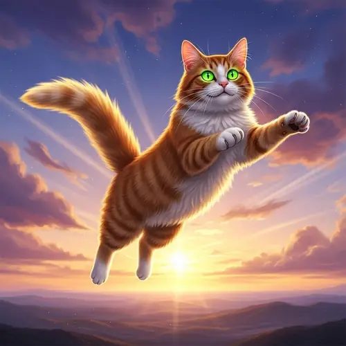 Enchanting Flying Cat Soaring Above Magical Landscape