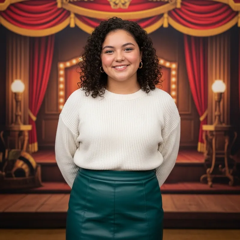 Young Girl Smiling in Stylish Movie Set Young Girl Smiling in Stylish Movie Set