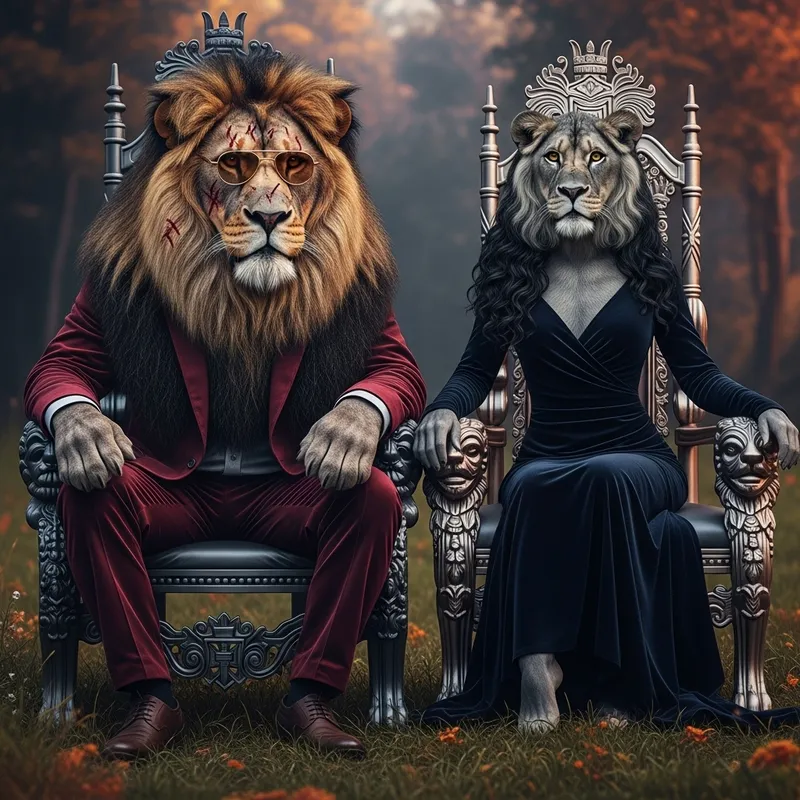 Disruptive Realistic Photo of Majestic Alpha Lion & Queen Lioness
