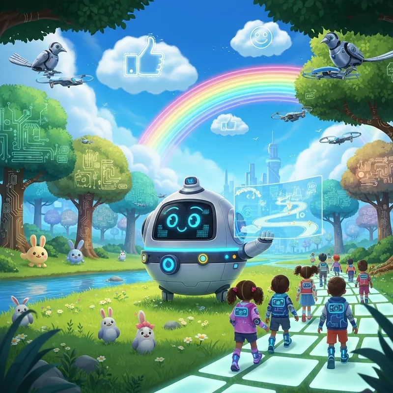 Friendly Future: AI Odyssey in Colorful Cartoon Landscape