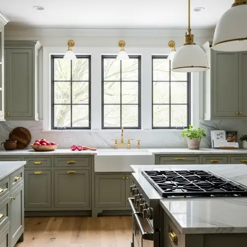 Spacious Kitchen with Green Cabinets and White Marble Countertops