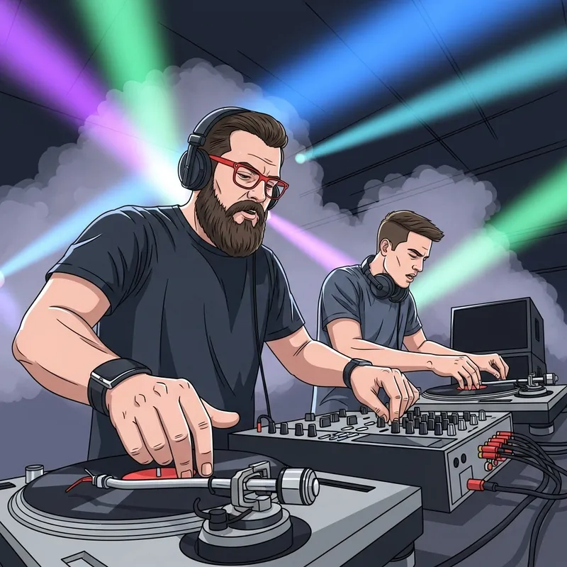 DJ with and without beard on turntables - Music mix