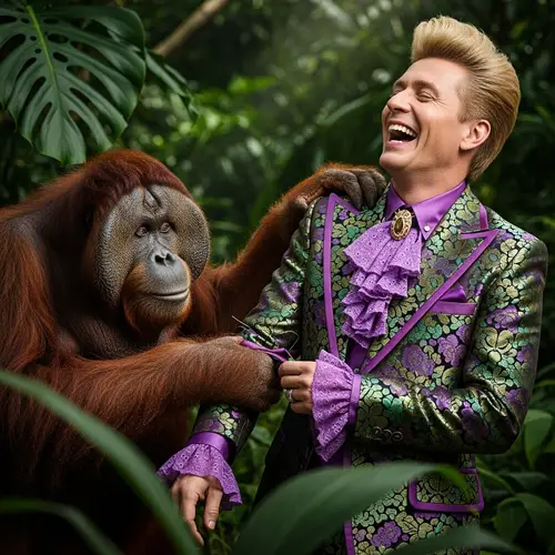 Male Orangutan Playful Interaction with Flamboyant Man